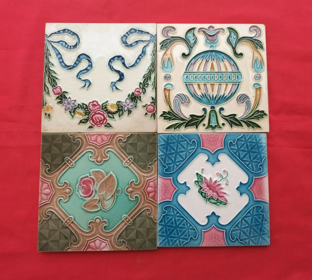 4 Pieces Old Art Deco Floral Embossed Design majolica Ceramic Tiles Japan 0032