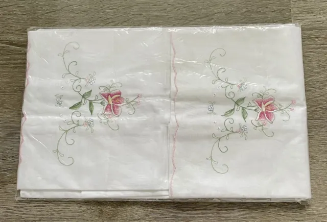 2 x White Cotton pillow cases with pink embroidered flowers NEW