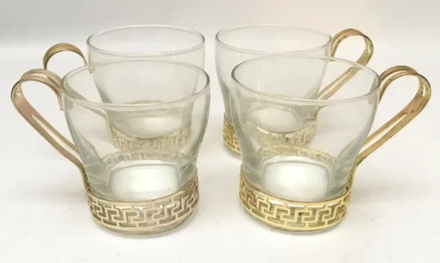 4 Vintage Libbey Glass Continental Gold Greek Key Coffee Cups