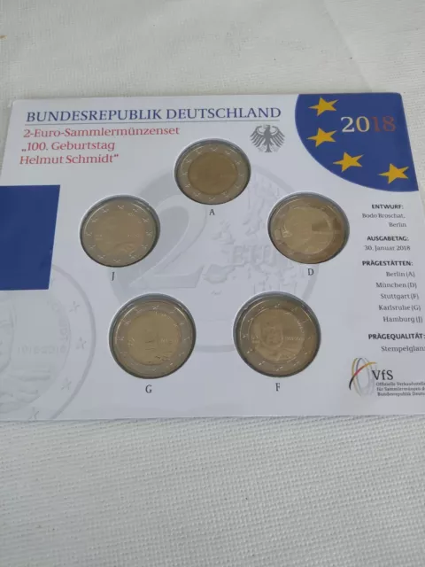 2 Euro Gedenkmünzenset Deutschland 2018 ST, 100. Geburtstag Helmut Schmidt