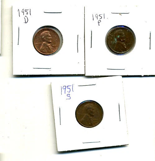 1951 P,D,S Wheat Pennies Lincoln Cents Circulated 2X2 Flips 3 Coin Pds Set#4064