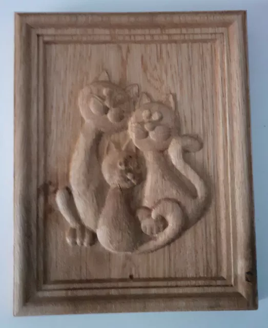 Lovely carved hanging sign depicting a family of cats in recycled English Oak