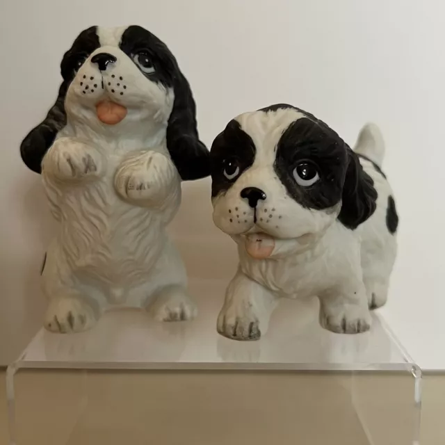 Two Homeco Ceramic Black White Cocker Spaniel Dogs Vintage
