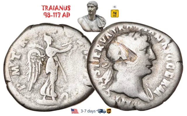 Ancient Roman Empire Coin Silver Denarius Trajan 98 - 117 AD Authentic #30004