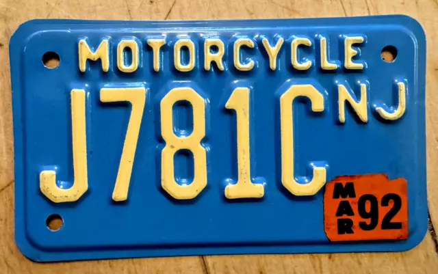 1992 New Jersey Motorcycle Cycle License Plate " J 781 C " Nj 92 Buff / Blue