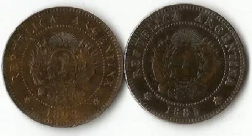 ARGENTINE 1 Centavo 1885 et 1893. Paire intéressante.