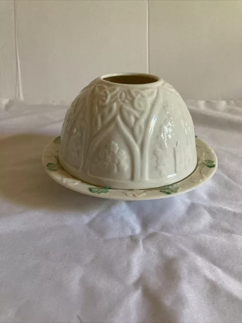BELLEEK Porcelain CHURCH Shamrock Night Light Votive Candle Holder Ireland