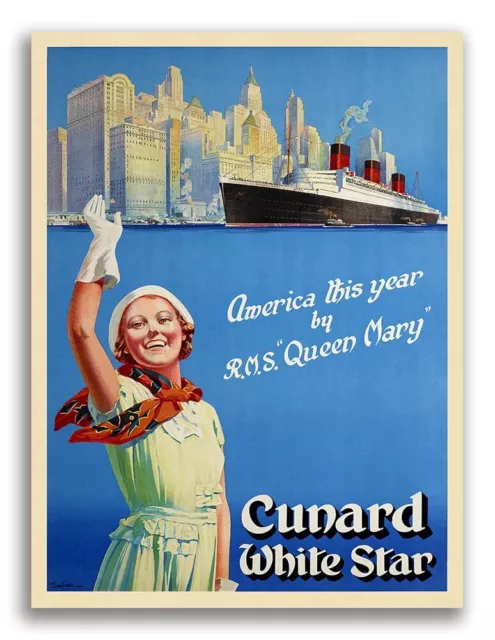 1939 RMS Queen Mary Oceanliner Vintage Cunard Line Travel Poster - 18x24