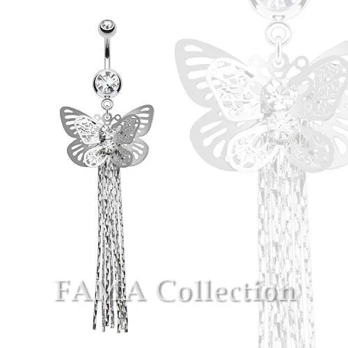 FAMA Layered Butterfly with Gems and Chains Dangle Navel Belly Ring