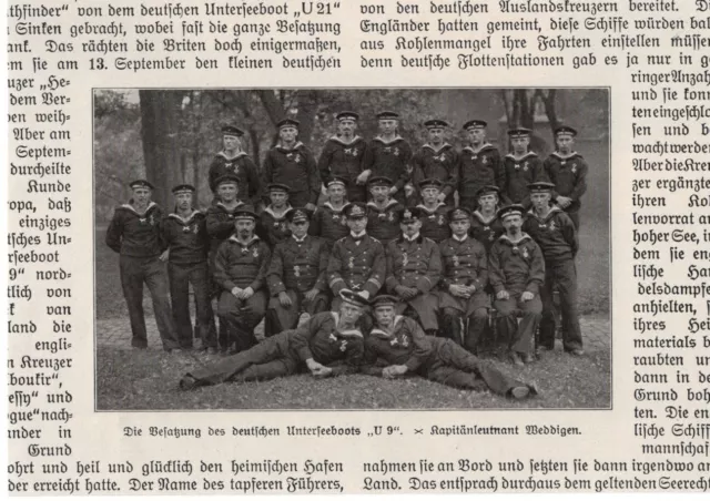 Besatzung des deutschen Unterssebootes SM U 9 Original Bilddokument von 1916 WW1