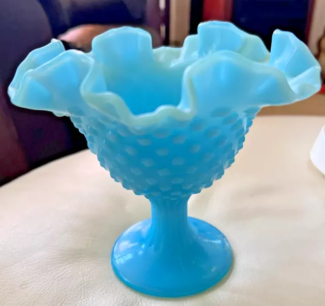 Vintage FENTON Blue Marble Hobnail Glass Footed Bowl Compote -Excellent Cond.