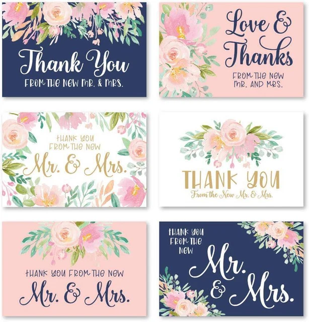24 Navy Floral Wedding Thank You Cards With Envelopes, Elegant Bridal Shower You