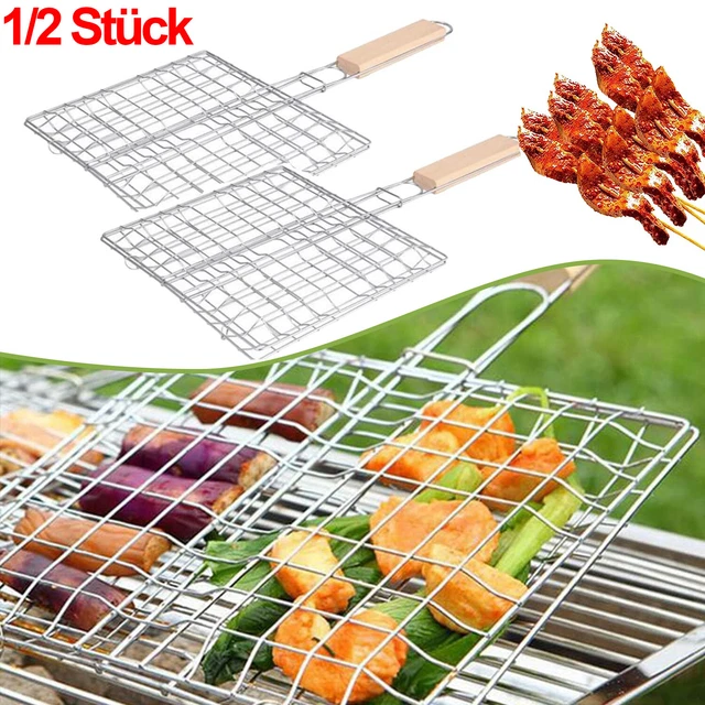 2 Stücke Fischgrill BBQ Grillkorb Faltbarer Tragbarer Fischgriller mit Holzgriff