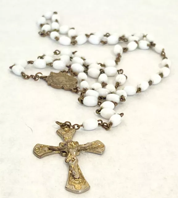 VTG Antique White Milk Glass Gold Wash Brass ROSARY  “CANADA” Crucifix Catholic