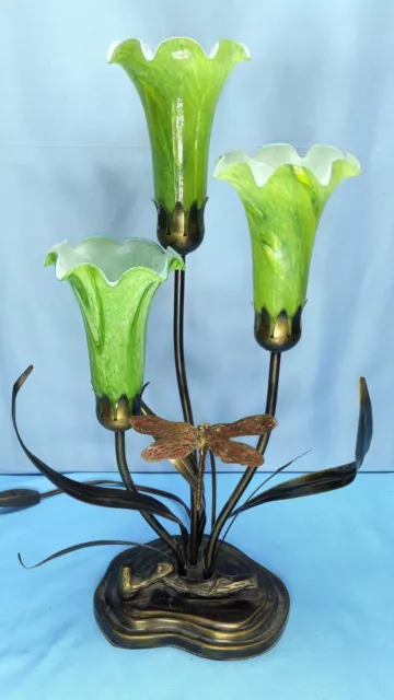 Tiffany Style Tulip Lily Dragonfly Table Lamp 3 Light Bronze 21" Slag Glass Art