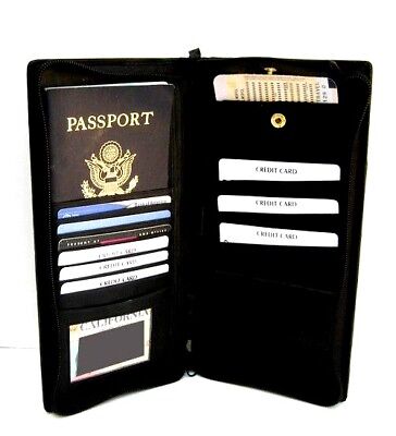 Black Leather Travel Large Organizer Boarding Pass ID Card Holder Zip Around