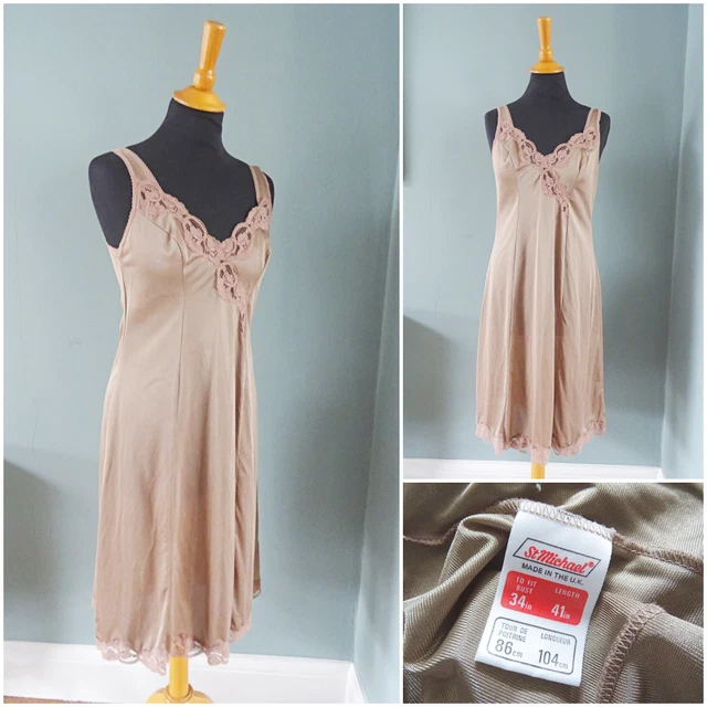 Camicia da notte vintage anni '80 camicia da notte marrone nylon pizzo donna 34" busto