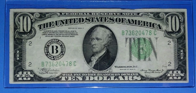 1934 A $10 ~Frn B- New York, Green Seal, Vf. Fairly Crisp ! Old Us ! Nice Note !