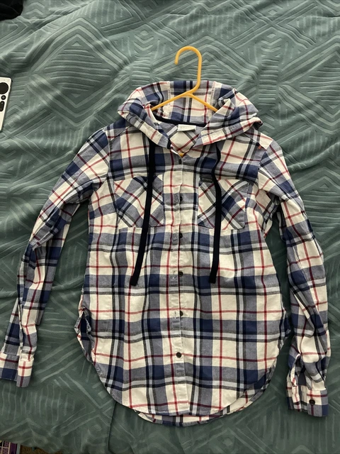 Columbia Button Up Shirt Womens XS Small Blue Red Plaid ￼Hooded Roll Tab Tunic