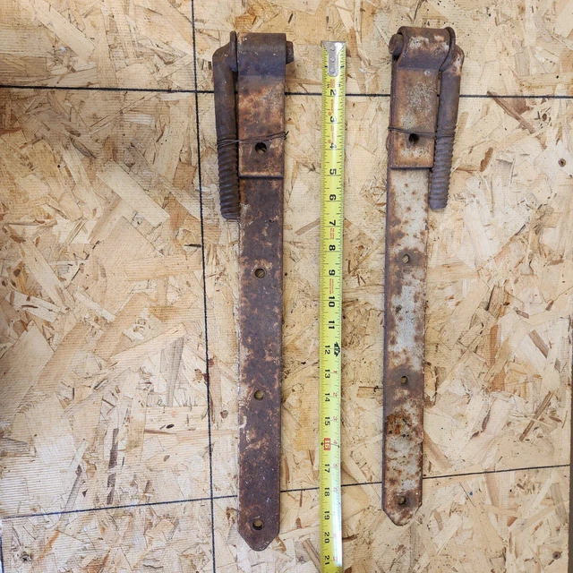 Antique Pair large Iron Farm Gate Strap Hinges with Screw Bolt Holders