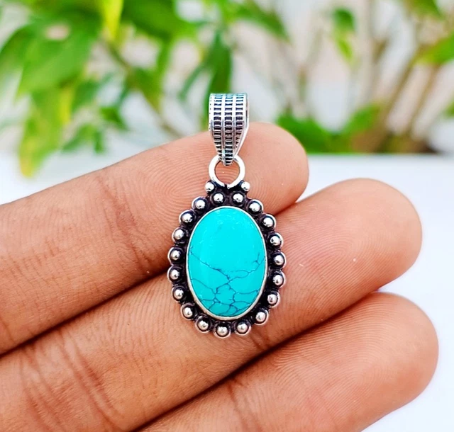 Ciondolo In Turchese E Argento 925 – Fatto A Mano – Oval Lab-created – Ciondolo Charm 210 - Foto 2
