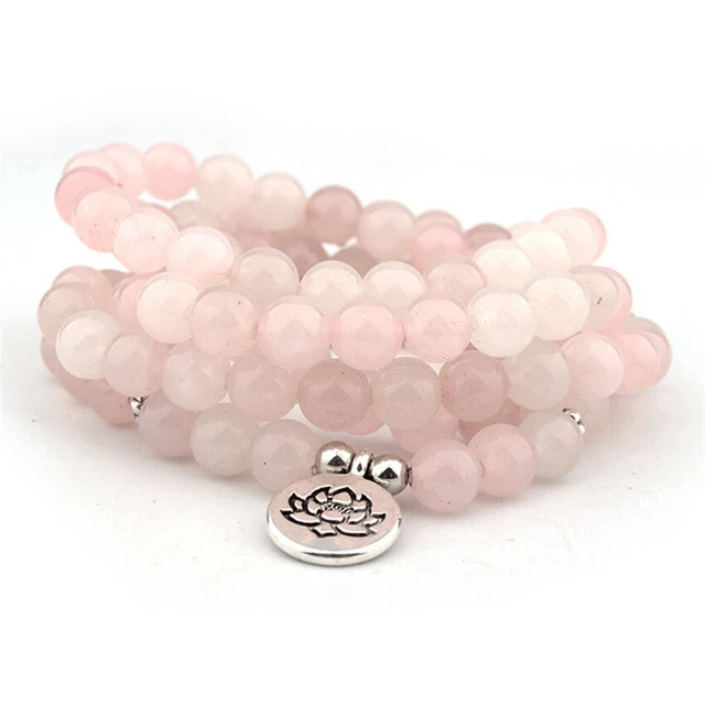 8mm 108 Mala pink crystal bracelet lotus Buddha pendant Meditation Hand catenary