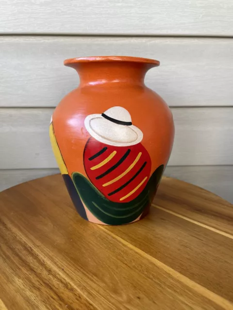 Hand Painted Orange Peruvian People Hats Landscape Art Pottery Vase 8”
