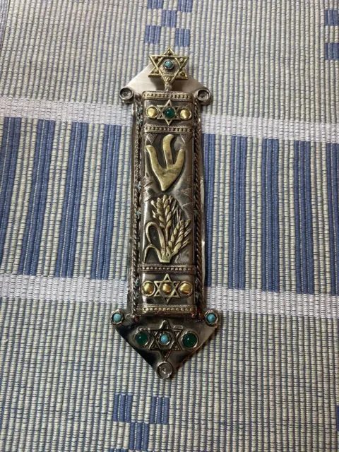 Caja de metal antiguo Mezuzah hecha a mano turquesa muy elegante