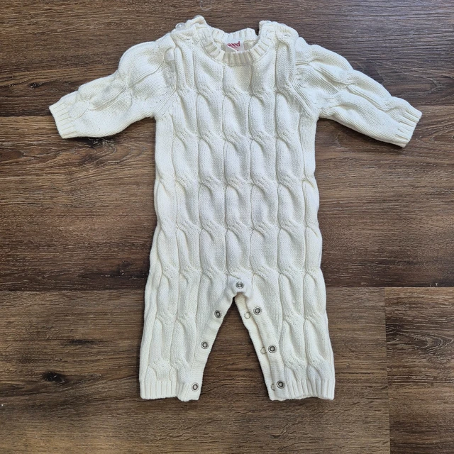 SEED BABY CABLE Knit Romper Cream Size 0-3 Months