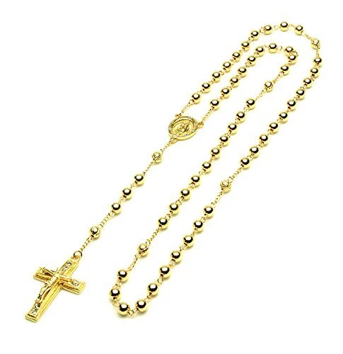 Men's 14k Gold Plated Rosary Guadalupe Jesus Beaded Necklace Chain 28" Men's 14k Gold Plated Rosary Guadalupe Jesus Beaded Necklace Chain 28"