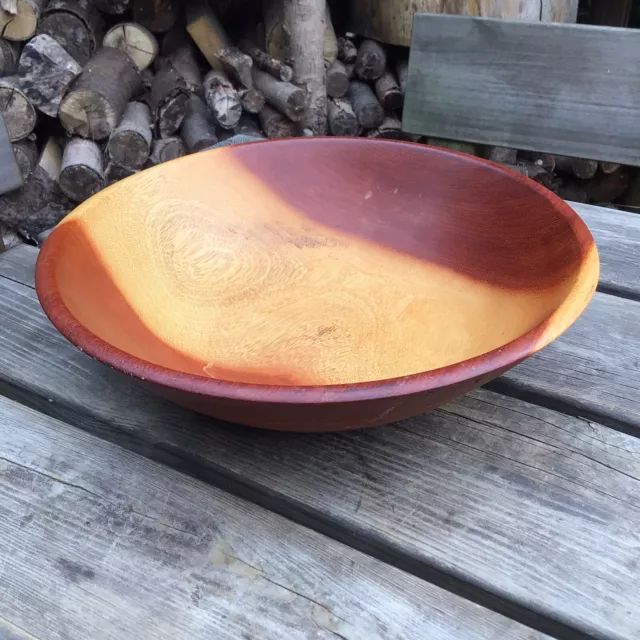 Large Vintage Hand Turned 2 Tone Wooden Serving Fruit Bowl 13” Diameter