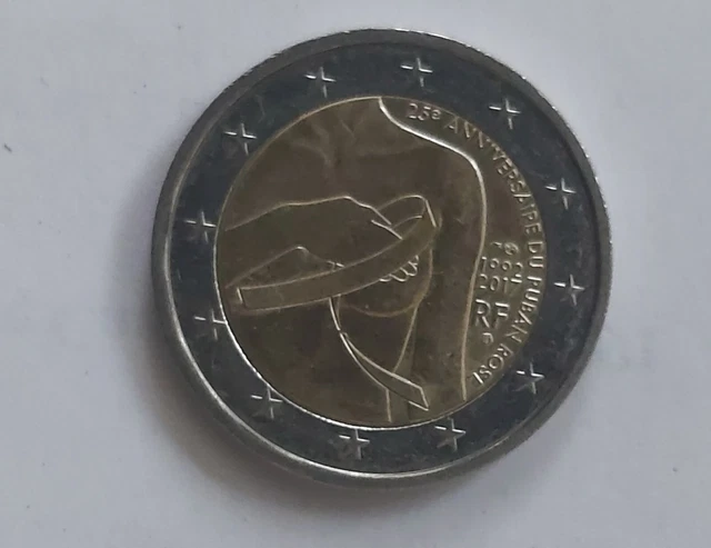 PIÈCE DE 2 euros valeur faciale, 25ème anniversaire du ruban rose 1992
