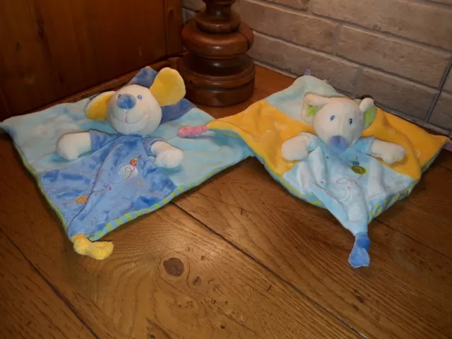 LOT 2 DOUDOUS PLAT MOTS D'ENFANTS SOURIS et CHIEN CARRE BLEU DOMINANT TTBE