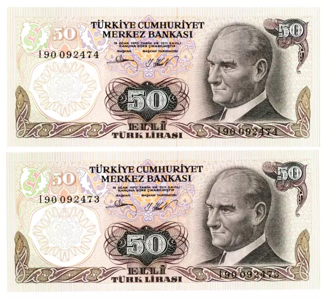 Turkey ..  P-188 .. 50 Lirasi  ..  L.1970 (1974)  Ch *UNC* Prefix "I" Pair Notes