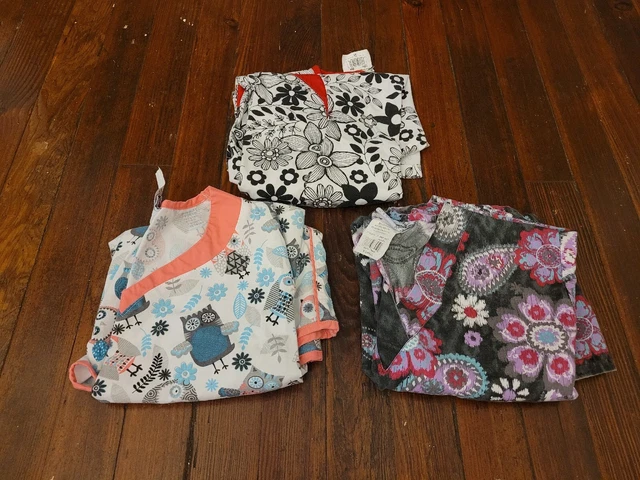 Scrubs Tops Size XS lot (3), Colorful Flowers & Owls nursing uniforms.