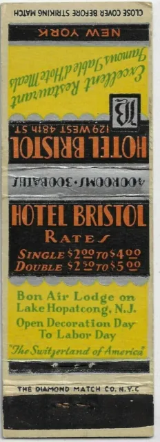 Hotel Briston NYC NY Bon Air Lodge Lake Hopalcong NJ Empty Matchcover