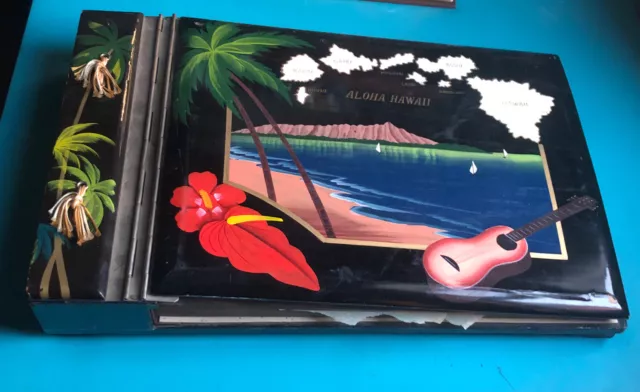 VTG 1950S BLACK LACQUER HAND PAINTED ALOHA HAWAII SCRAPBOOK PHOTO ALBUM MusicBox