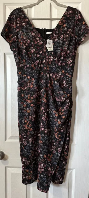 NWT Abercrombie & Fitch Black Blue Floral Ruched Side Slit Midi Dress Size L