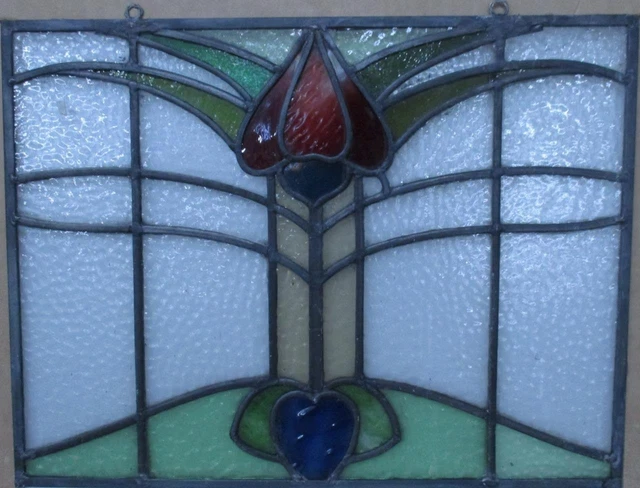 OLD ENGLISH STAINED GLASS WINDOW Unframed w Hooks Abstract Floral 21.25" x16.75"