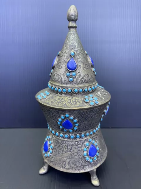 Ancient Islamic bronze vessel with turquoise and lapis stone gems super rare