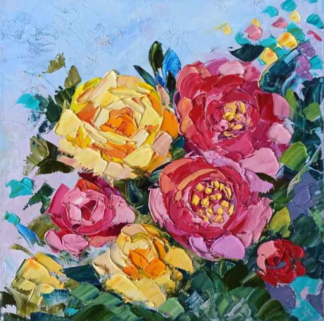 Original oil painting Pink Peonies Flowers Still Life on canvas 30x30cm signed