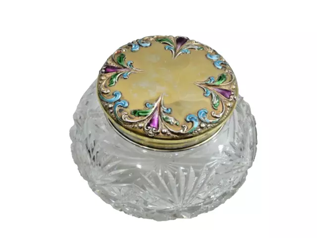 Fine Antique American Sterling Silver Enamel / Abp Cut Glass Crystal Dresser Jar