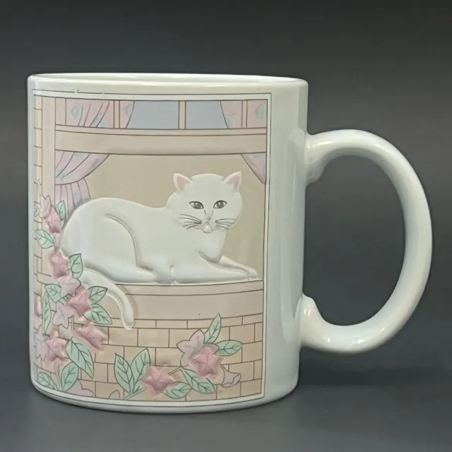 VTG Otagiri Embossed WHITE CAT IN WINDOW Pastel Colors Coffee Mug 3.75"