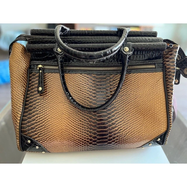 Samantha Brown Tan and Brown Faux Croc Embossed Dowel Weekend Travel Tote Bag