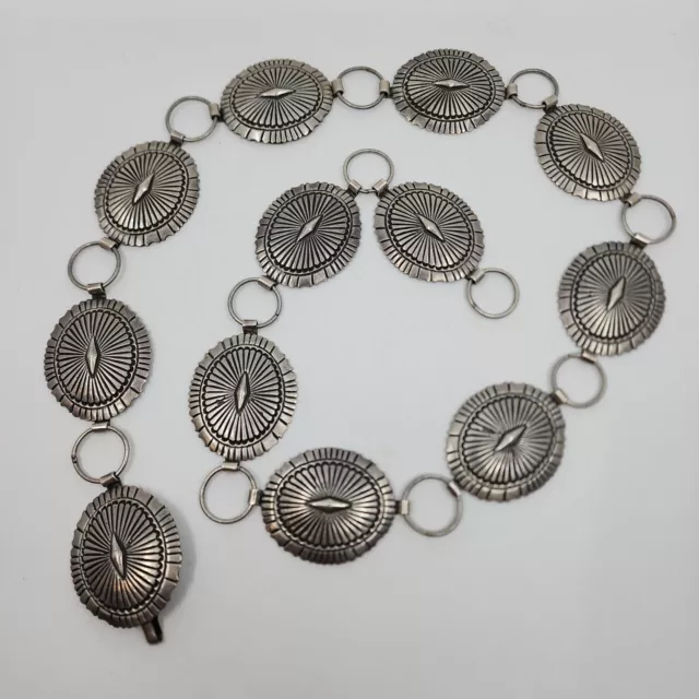 412g Vtg Authentic Navajo Made Hand Tooled Stamped Sterling Silver Concho Belt
