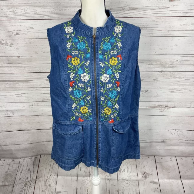 Country Store Zip Up Denim Vest Size Large Blue Embroidered Floral Pockets