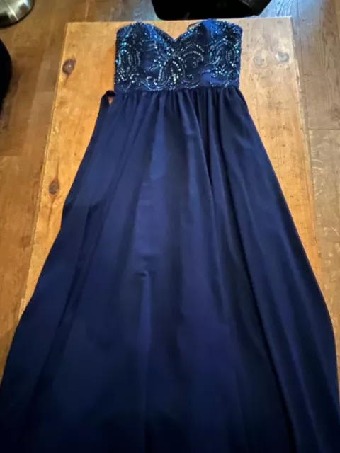 Navy blue, full length prom dress size 12 by Angelina Faccenda. Sequined bodice.