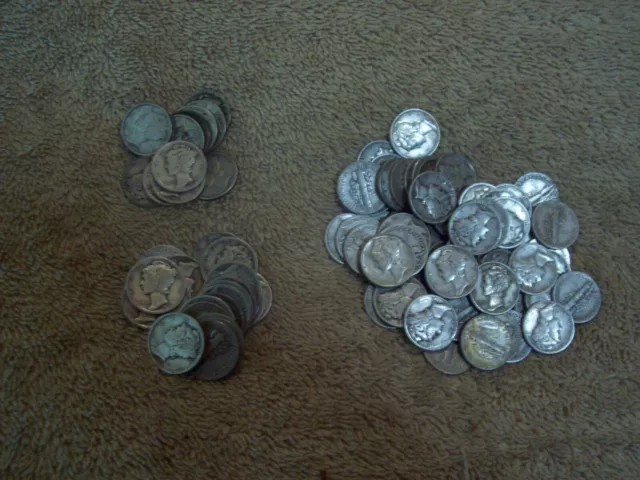 5 MERCURY DIMES 90% SILVER VARIOUS DATES AND MINT MARKS 1920's,30's, 40's JUNK