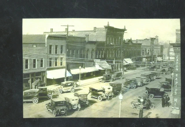 Real Photo Eaton Rapids Michigan Downtown Street Scene Cars Postcard Copy