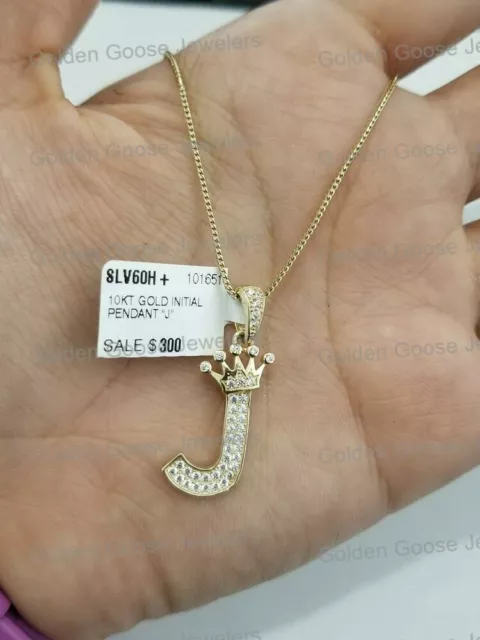 Yellow Gold Crown Initial Alphabet Letter J Pendant Charm King Free Box Chain